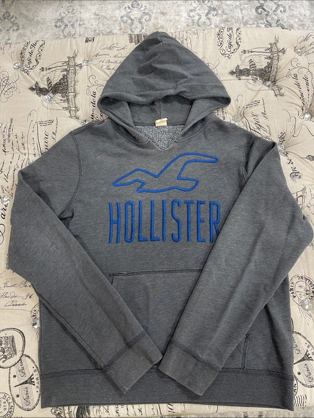 Hollister Charcoal Hoodie with Blue Logo Embroidery